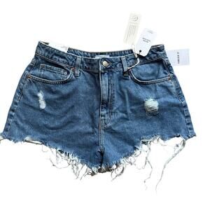 Retro High Rise Denim Jean Shorts Distressed Frayed Hem Medium Wash Size 29 NWT